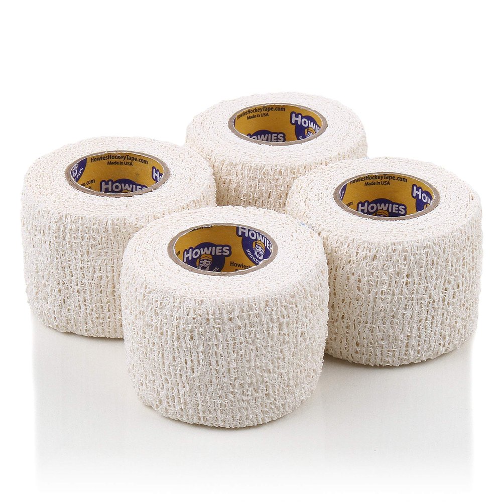 Howies Pro Grip or Stretch Hockey Tape 4 Pack Premium Long-Lasting Stick Tape for Hockey, Lacrosse, and Sports Strong Hold, Professional Feel, Easy Tear (Stretch Grip, White)