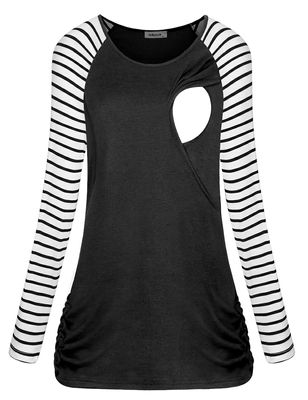 AxByCzD Maternity Shirts for Women Long Sleeve Crew Neck Raglan Breastfeeding Tops Loose Fit Fall Winter Nursing T-Shirts Black X-Large