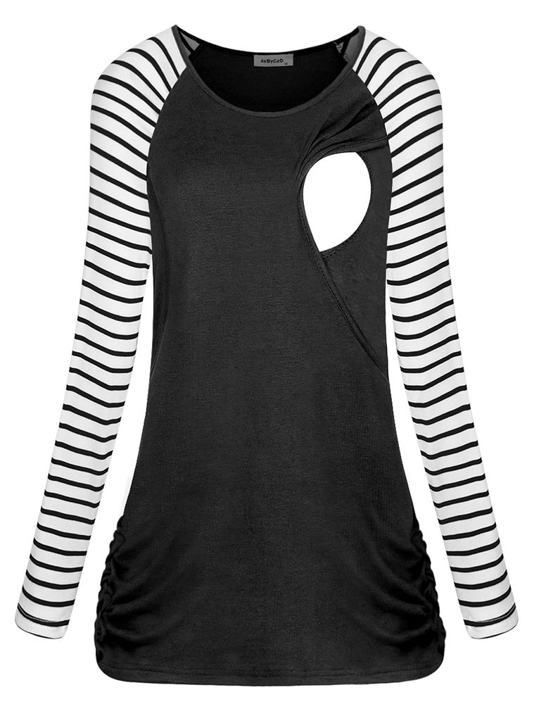 AxByCzD Maternity Shirts for Women Long Sleeve Crew Neck Raglan Breastfeeding Tops Loose Fit Fall Winter Nursing T-Shirts Black X-Large