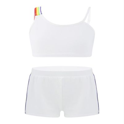 renvena Girls Athletic Suits 2Pcs Racer Back Crop Top with Booty Shorts Gymnastic Swimming or Dancing Outfits White Rainbow 14