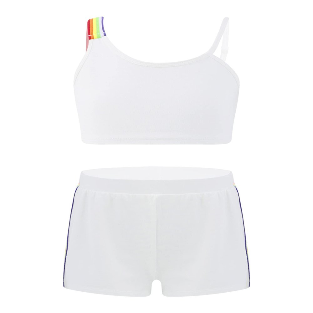 renvena Girls Athletic Suits 2Pcs Racer Back Crop Top with Booty Shorts Gymnastic Swimming or Dancing Outfits White Rainbow 14