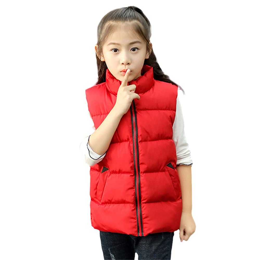 FLZS Winter Kids Jacket Padded Girls Boys Vest Striped Warm Sleeveless Top Wear MJ01Red 14