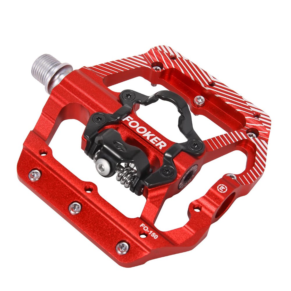 FOOKER MTB Mountain Bike Pedals 3 Bearing Flat Platform Compatible with Dual Function Sealed Clipless Aluminum 9/16" Pedals with Cleats for Road (red 3 Bearings)
