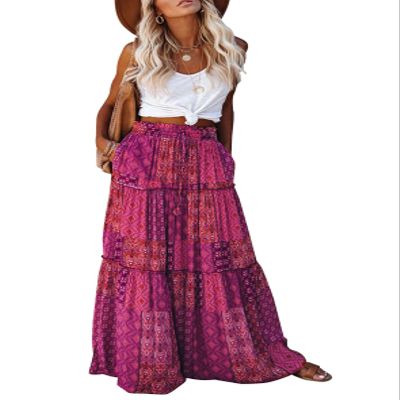 Trendy Lightweight Drawstring Tiered Ruffles Paisley Hippie Plus Size Bohemian Long Maxi Skirt with Deep Pockets for Office Music Festival Travel Picnic Dating Fall Outfits Purple M
