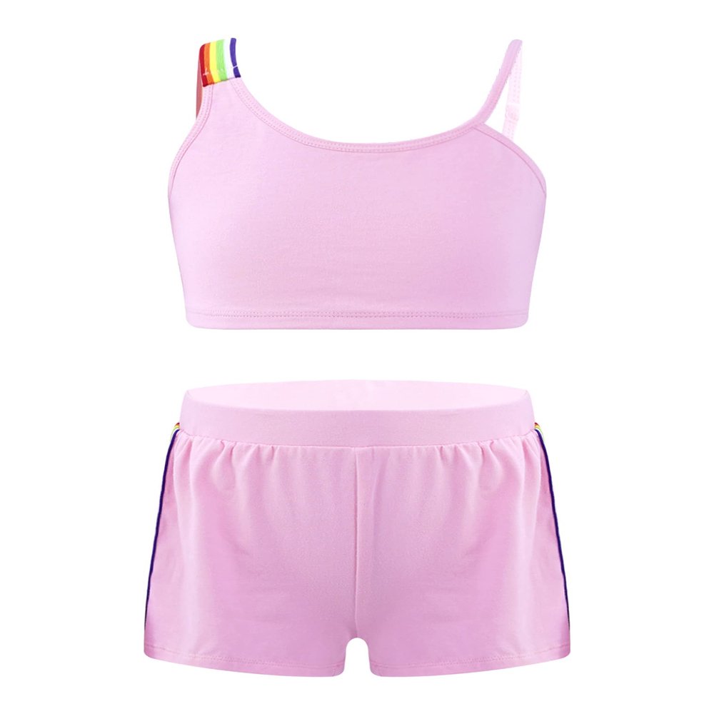 renvena Girls Athletic Suits 2Pcs Racer Back Crop Top with Booty Shorts Gymnastic Swimming or Dancing Outfits Pink Rainbow 8