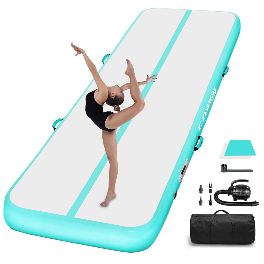 Gymnastics Mats, Air Mat Tumble Track 20FT 4 Inch Thickness Inflatable Training with Carry Bag Electric Pump For Home Use, Cheerleading, Yoga, Water Exercise (Green)