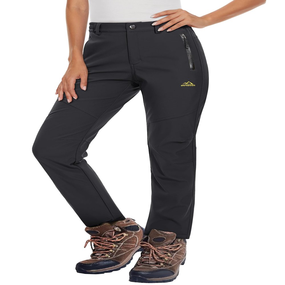 MAGCOMSEN Women's Fleece Lined Waterproof Insulated Winter Pants Outdoor Snow Ski Pants Warm Hiking Softshell Black XL