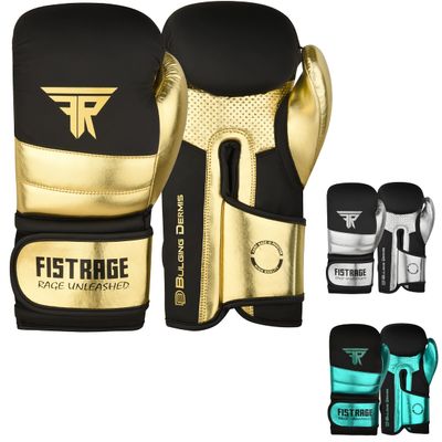 FISTRAGE Boxing Gloves Metallic Leather MMA Training Muay Thai Kick Boxing Sparring Heavy Bag Workout Glove Mitts for Men & Women (Golden-Black, 12 OZ)