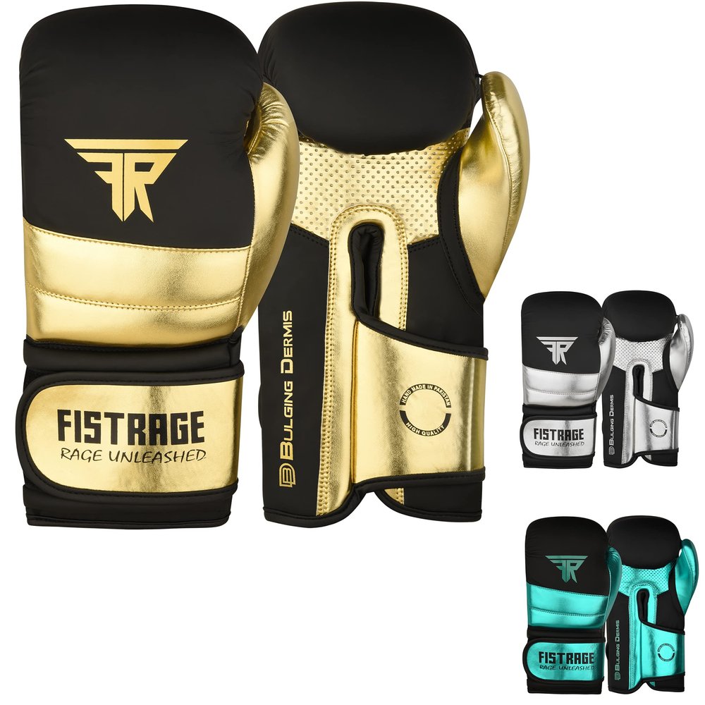 FISTRAGE Boxing Gloves Metallic Leather MMA Training Muay Thai Kick Boxing Sparring Heavy Bag Workout Glove Mitts for Men & Women (Golden-Black, 12 OZ)