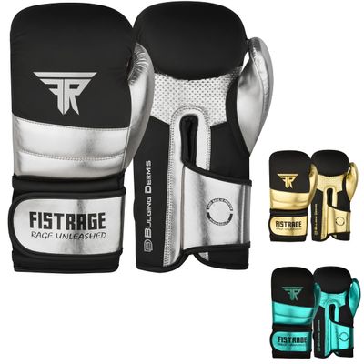 FISTRAGE Boxing Gloves Metallic Leather MMA Training Muay Thai Kick Boxing Sparring Heavy Bag Workout Glove Mitts for Men & Women (Silver-Black, 14 OZ)