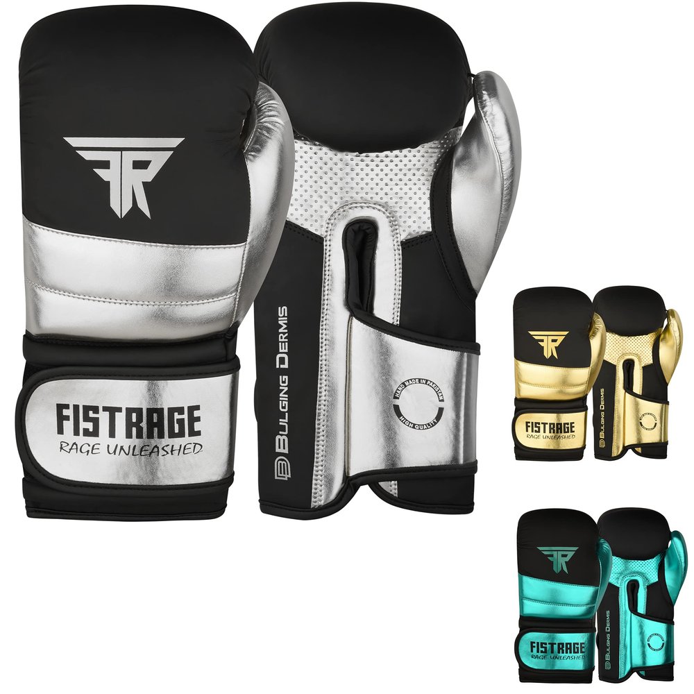 FISTRAGE Boxing Gloves Metallic Leather MMA Training Muay Thai Kick Boxing Sparring Heavy Bag Workout Glove Mitts for Men & Women (Silver-Black, 14 OZ)