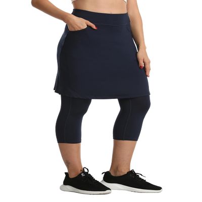 HOKOYI Women's Modest Skirted Capri Pants with 2 Pockets Workout Knee Length Skort Cropped Leggings ny XXL Navy