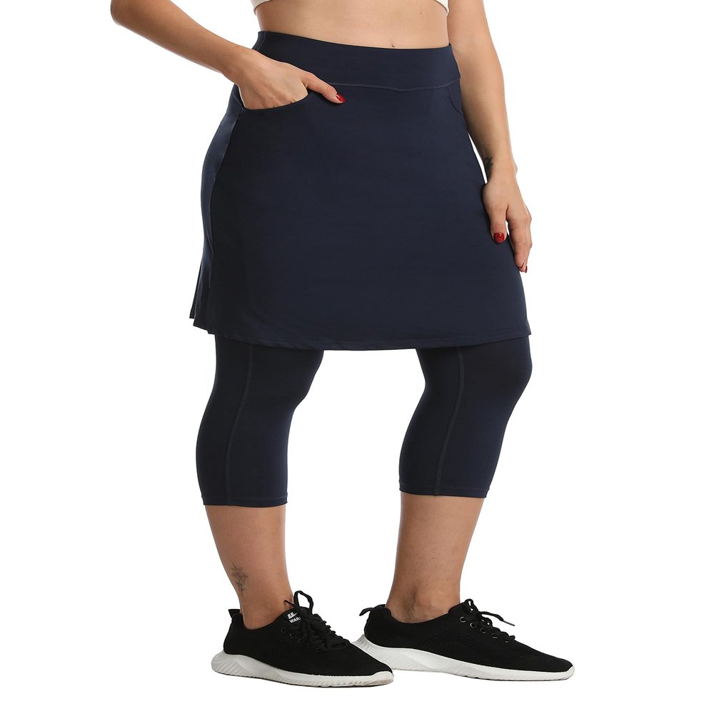HOKOYI Women's Modest Skirted Capri Pants with 2 Pockets Workout Knee Length Skort Cropped Leggings ny XXL Navy