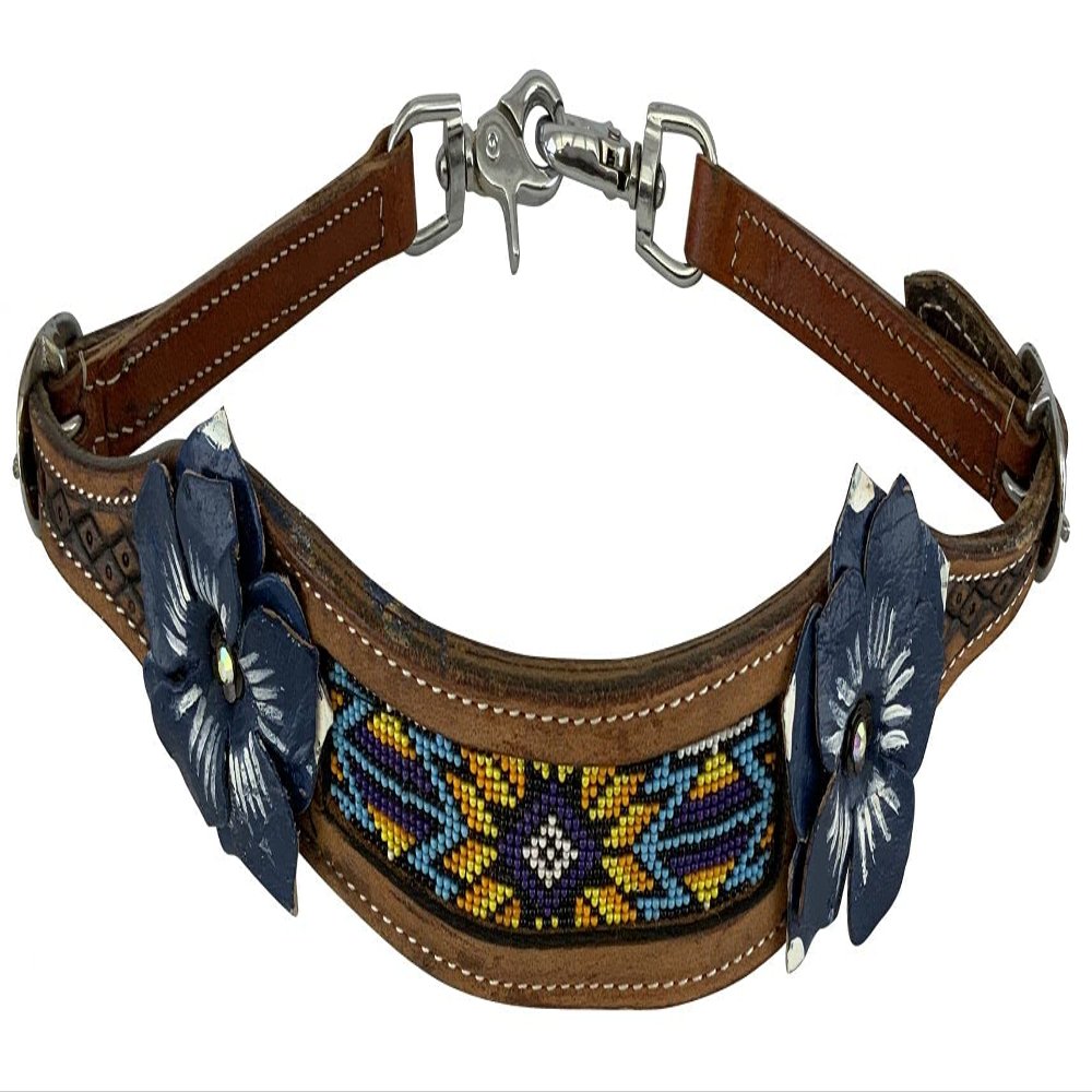 Showman 3D Blue Flower Leather Wither Strap w/ Beaded Center