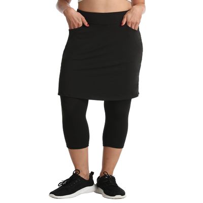 Women's Modest Skirted Capri Pants with 2 Pockets Workout Knee Length Skort Cropped Leggings bk m Black
