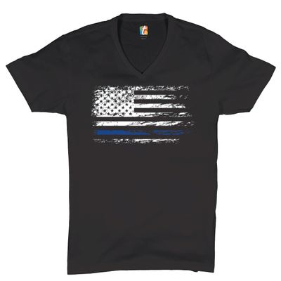 Distressed Thin Blue Line American Flag V-Neck T-Shirt Patriotic Police Tee Black Small