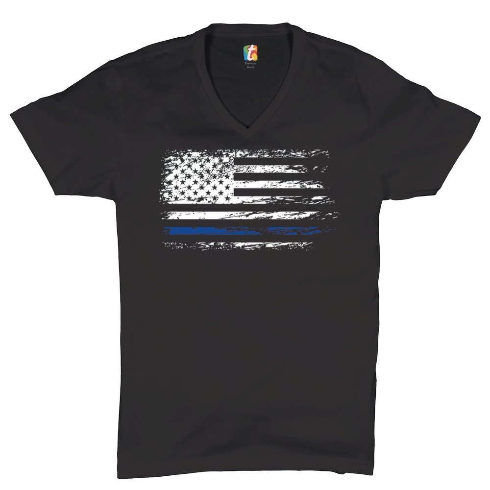 Distressed Thin Blue Line American Flag V-Neck T-Shirt Patriotic Police Tee Black Small