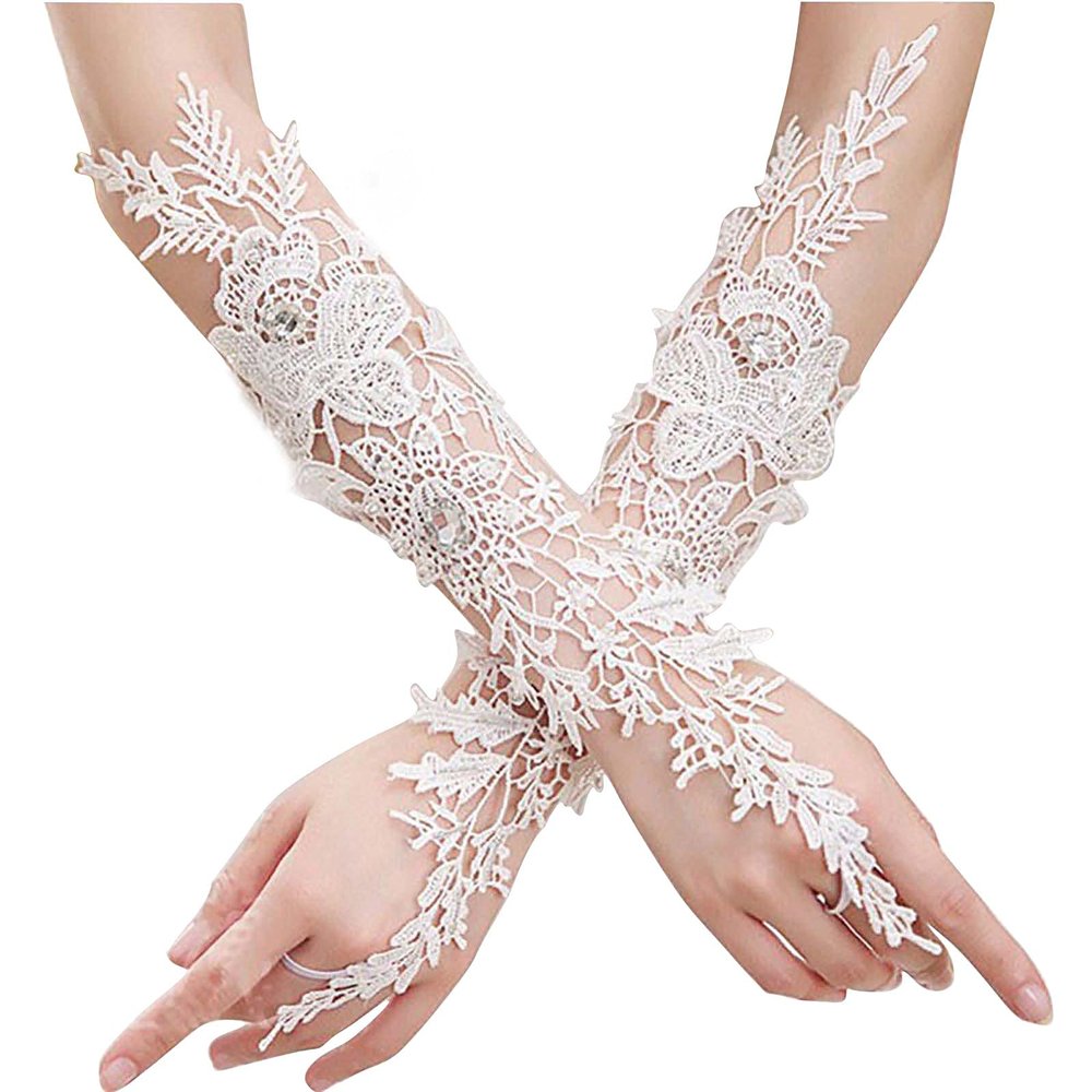 Acenail Lace Fingerless Gloves Floral Ivory Long Gloves Wedding Glove for Brides