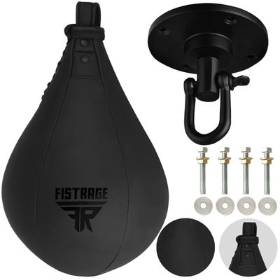 FISTRAGE Speed Ball Boxing Bag Leather MMA Muay Thai Training Punching Dodge Striking Kit with Free Hanging Swivel Workout Speedball Kicking Platform Equipment (Matte Black)