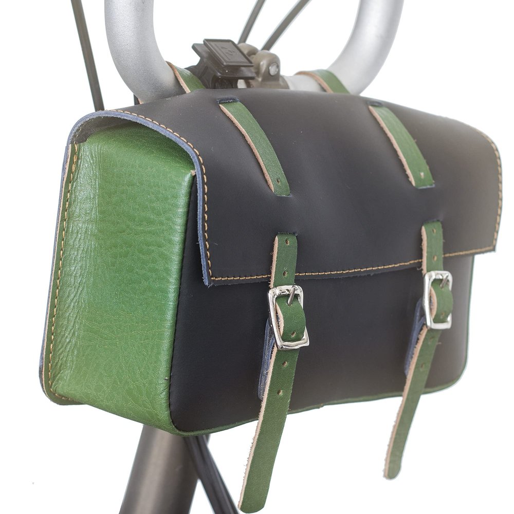 Leather Handlebar Saddle Bag for Brompton in Black / Green