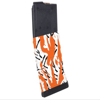 Pack of 3 White/Orange Tiger Stripes camouflage Premium Vinyl wrap (skin) DIY kit for 30/20/10 rounds 5.56/0.223 NATO magazine. Durable, waterproof, matte. Manufactured by DimOxy Designs.