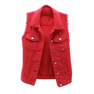 SOUGAO Womens Denim Vest Washed Ripped Crop Sleeveless Jacket(Red US S)