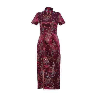 Shanghai Story Short Sleeve Long Qipao Brocade Chinese Traditional Cheongsam Dress for Womens Dragon Phoenix Embroidery Wine Red Size XL