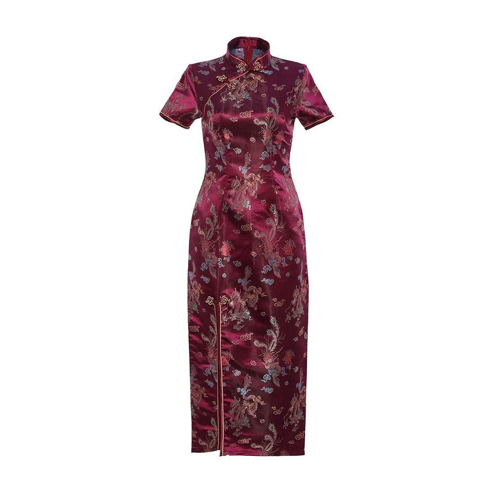 Shanghai Story Short Sleeve Long Qipao Brocade Chinese Traditional Cheongsam Dress for Womens Dragon Phoenix Embroidery Wine Red Size XL