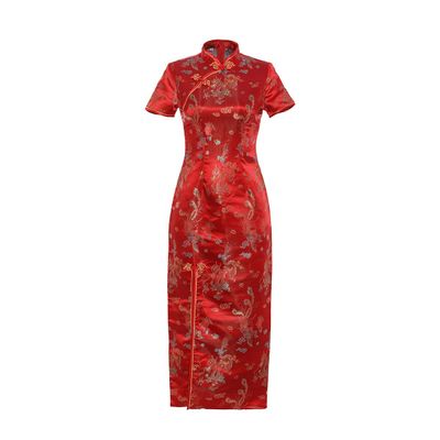 Shanghai Story Short Sleeve Long Qipao Brocade Chinese Traditional Cheongsam Dress for Womens Dragon Phoenix Embroidery Red Size L