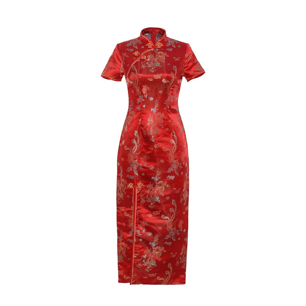 Shanghai Story Short Sleeve Long Qipao Brocade Chinese Traditional Cheongsam Dress for Womens Dragon Phoenix Embroidery Red Size L