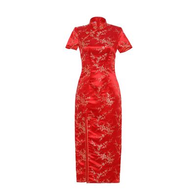 Shanghai Story Short Sleeve Long Qipao Brocade Chinese Traditional Cheongsam Dress for Womens Plum Blossom Embroidery Red Size M