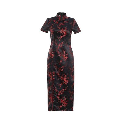 Shanghai Story Short Sleeve Long Qipao Brocade Chinese Traditional Cheongsam Dress for Womens Plum Blossom Embroidery Black Red Size S