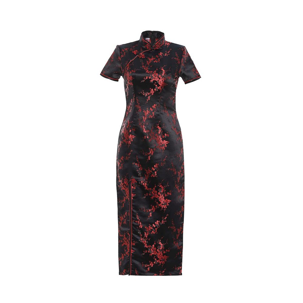 Shanghai Story Short Sleeve Long Qipao Brocade Chinese Traditional Cheongsam Dress for Womens Plum Blossom Embroidery Black Red Size S