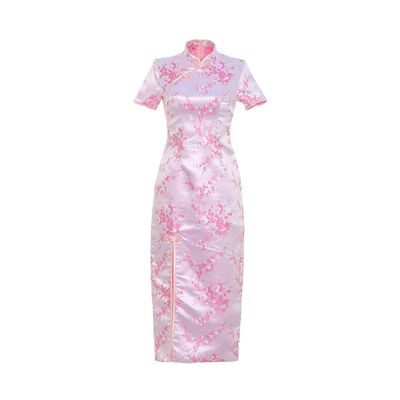 Shanghai Story Short Sleeve Long Qipao Brocade Chinese Traditional Cheongsam Dress for Womens Plum Blossom Embroidery Pink Size M