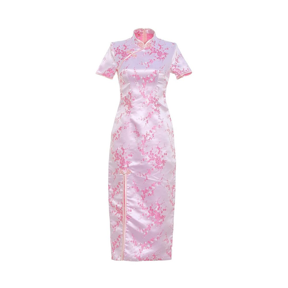 Shanghai Story Short Sleeve Long Qipao Brocade Chinese Traditional Cheongsam Dress for Womens Plum Blossom Embroidery Pink Size M