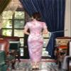 Shanghai Story Short Sleeve Long Qipao Brocade Chinese Traditional Cheongsam Dress for Womens Plum Blossom Embroidery Pink Size M view 2
