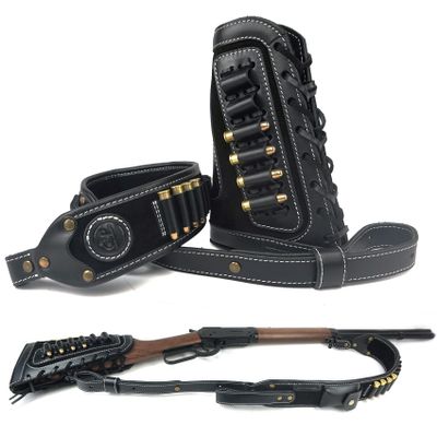 Leather Rifles Shell Holder .30-06 .45-70 .357, .410GA Buttstock with Hunting Cartridge Sling Straps Remington (Black Set)
