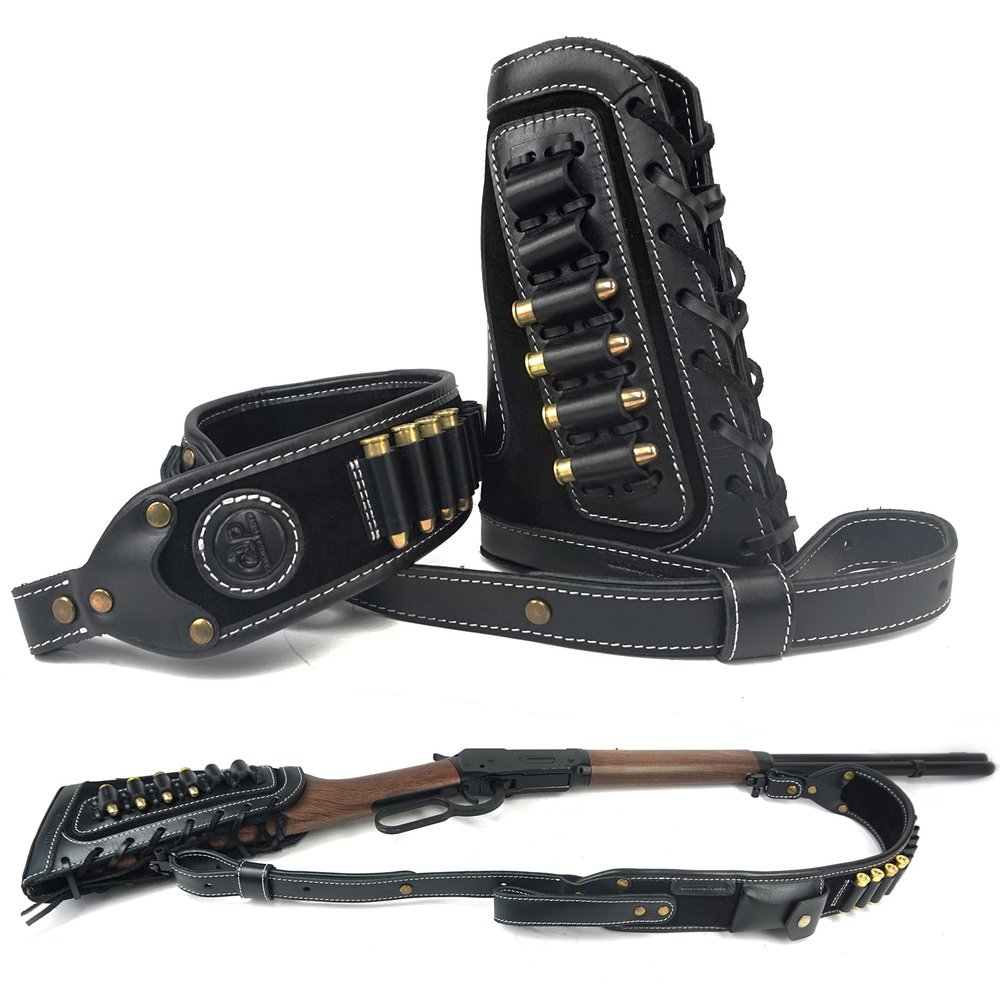 Leather Rifles Shell Holder .30-06 .45-70 .357, .410GA Buttstock with Hunting Cartridge Sling Straps Remington (Black Set)