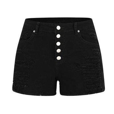 THUNDER STAR Women Mid Rise Ripped Stretchy Jeans Shorts Frayed Raw Hem Casual Denim Shorts Black#1 S