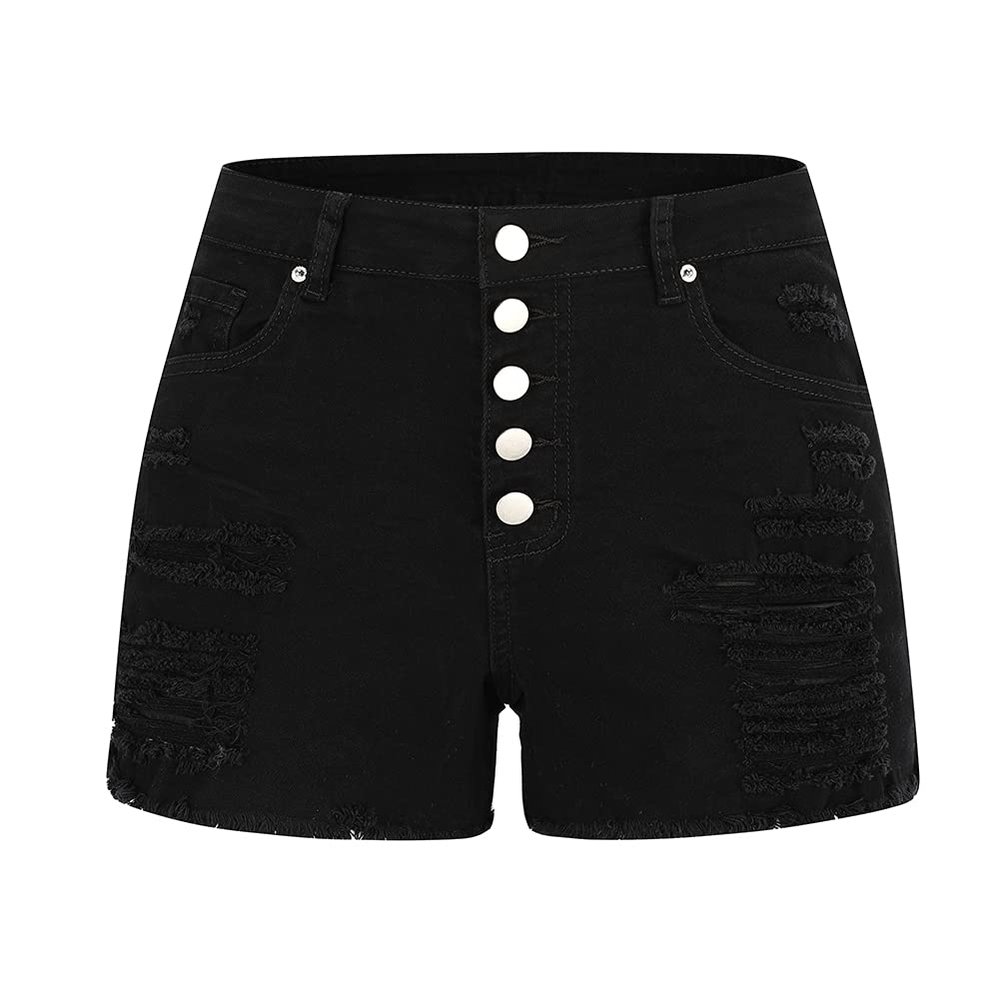 THUNDER STAR Women Mid Rise Ripped Stretchy Jeans Shorts Frayed Raw Hem Casual Denim Shorts Black#1 S