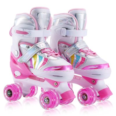 Kids Roller Skates Adjustable for Girls Boys Toddlers Youth, Pink 4 Size Adjustable Light Up Roller Skates for Size 11J todders to Size 7 Youth Women