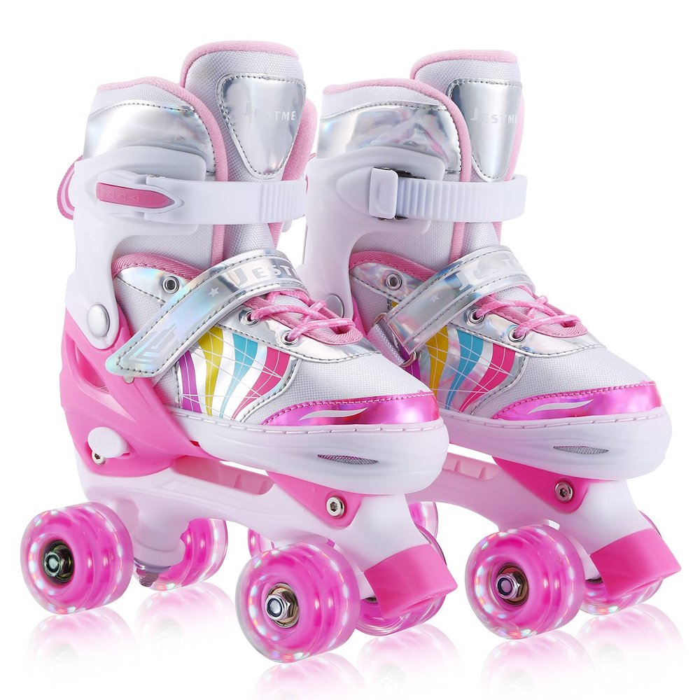Kids Roller Skates Adjustable for Girls Boys Toddlers Youth, Pink 4 Size Adjustable Light Up Roller Skates for Size 11J todders to Size 7 Youth Women
