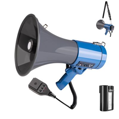 Professional 50 Watt Large Megaphone Bullhorn with Detachable Microphone, USB/SD/MMC reader, AUX Input, recording and Siren - Perfect for Indoor/Outdoor Sporting Events and Crowd Control (Blue)