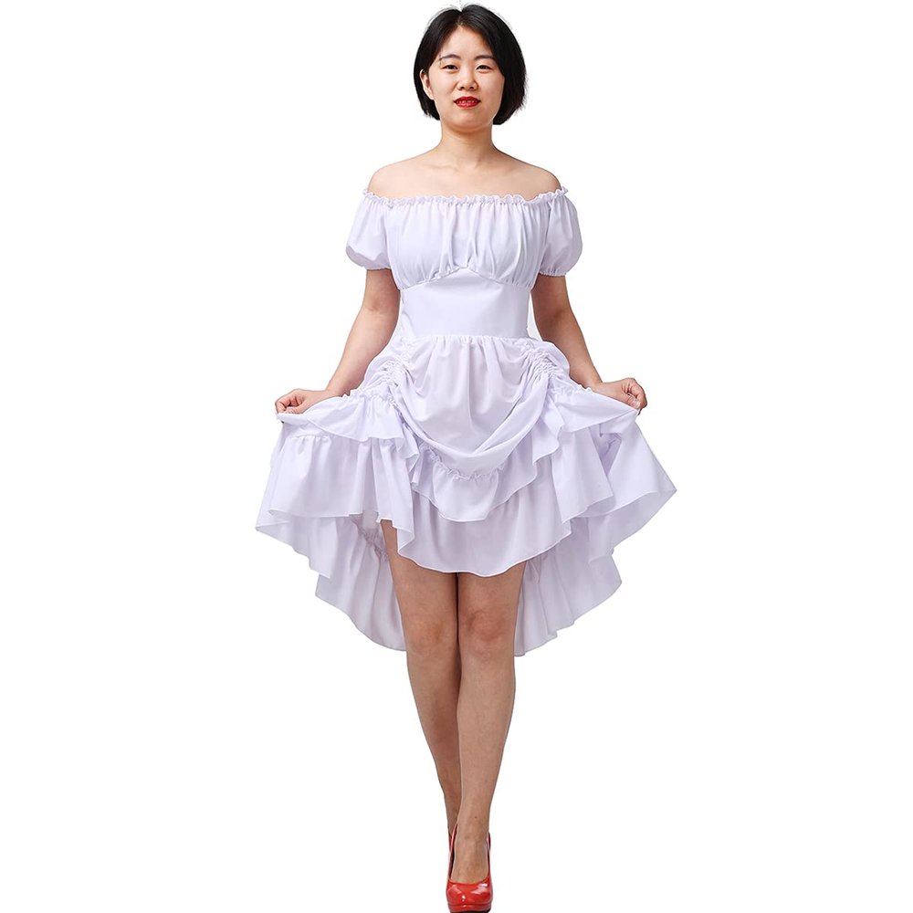 COSDREAMER Women Gothic Steampunk Dress Victorian Ruffled High Low Dress (Small, White)