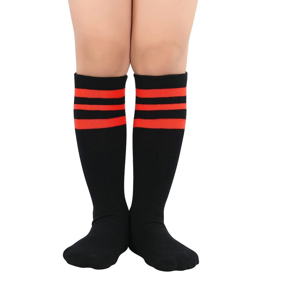 Durio Girls Knee High Socks Soft Cute Toddler Knee High Socks for Girls Unisex Kids Tube Socks 01 Black with Red Stripes