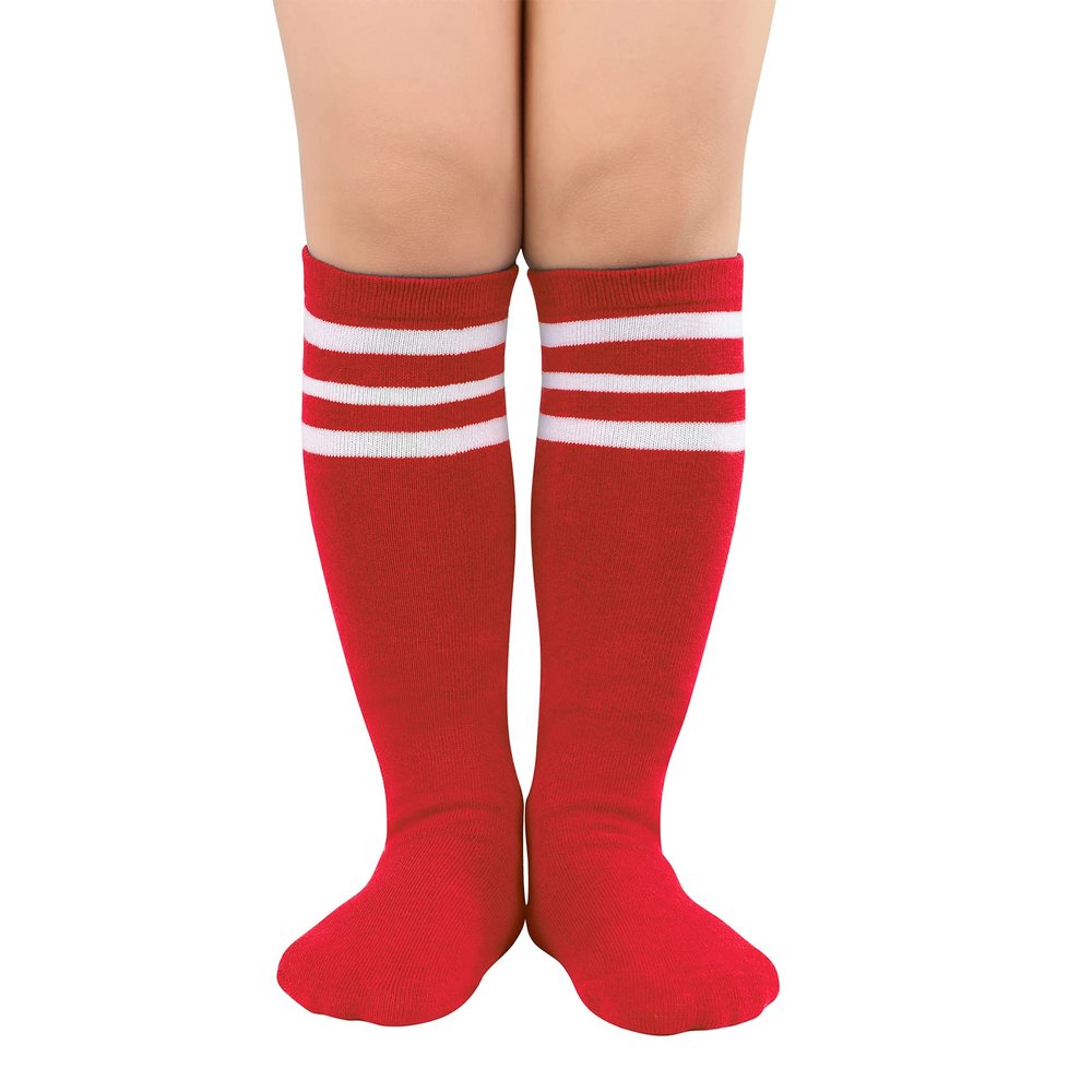 Durio Girls Knee High Socks Soft Cute Toddler Knee High Socks for Girls Unisex Kids Tube Socks 01 Red with White Stripes