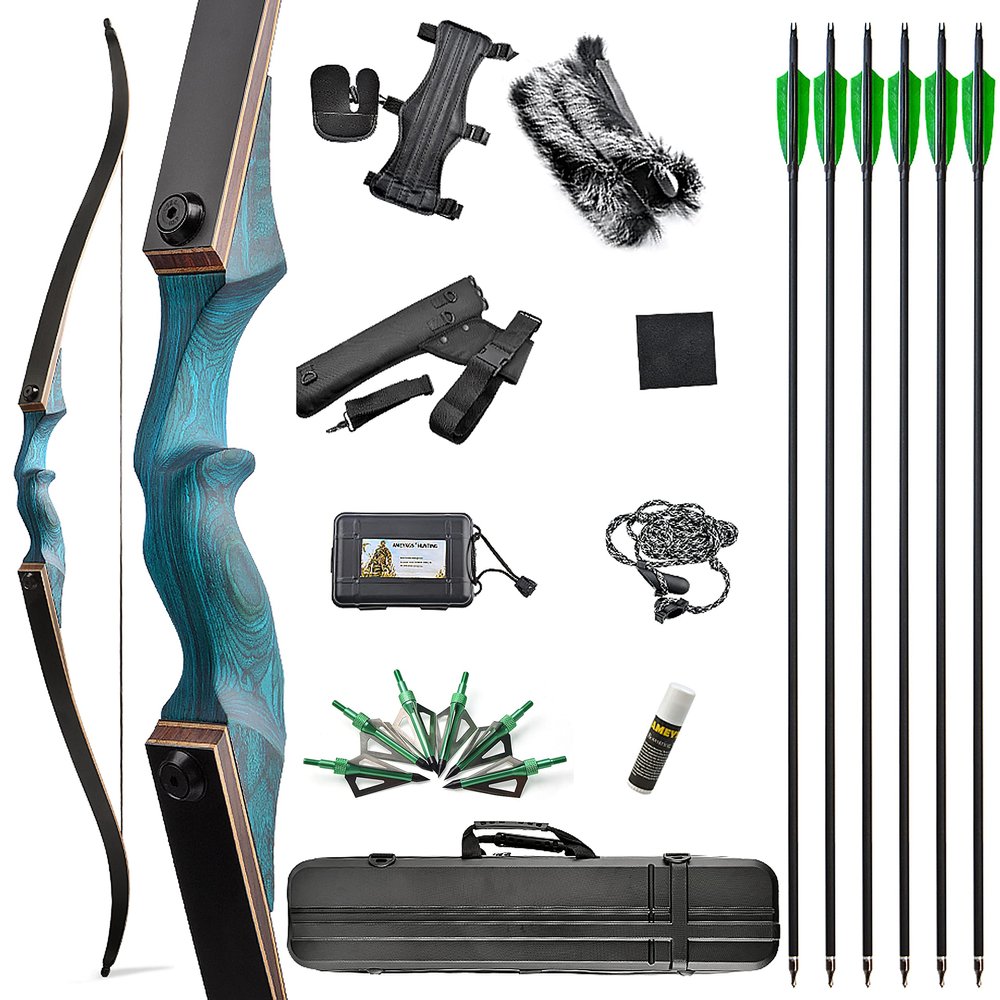 AMEYXGS 60" Archery Takedown Recurve Bow Set Wooden Riser 20-60lbs Hunting Bow Traditional Longbow Outdoor Shooting Adult Bow Right Handed (50LBS, Blue Kit)