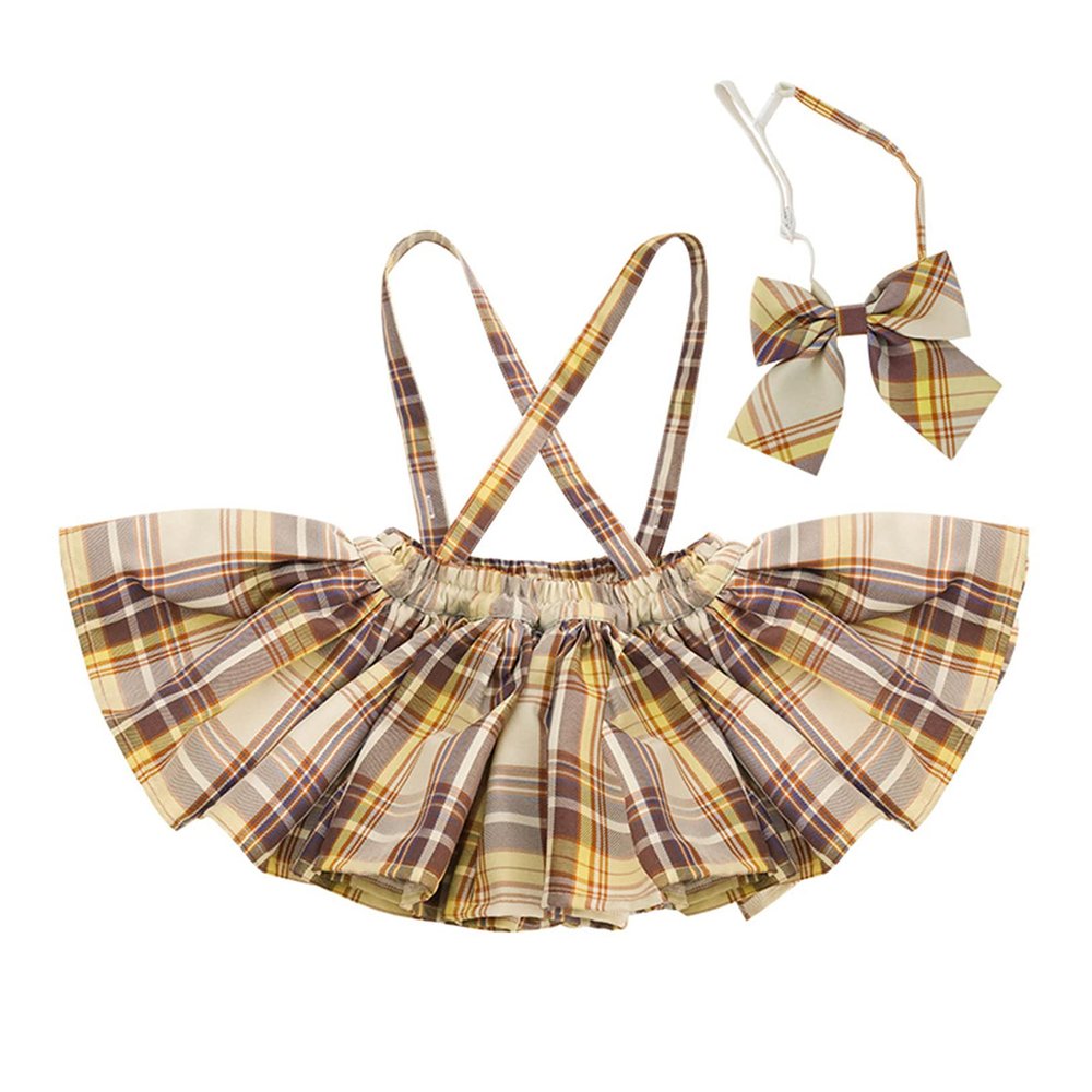 ACSUSS Toddler Baby Girls Plaid Overall Suspenders Skirt Elastic Shoulder Straps Criss Cross Back Dress Bowtie School Uniform Yellow&Khaki 4-5 Years