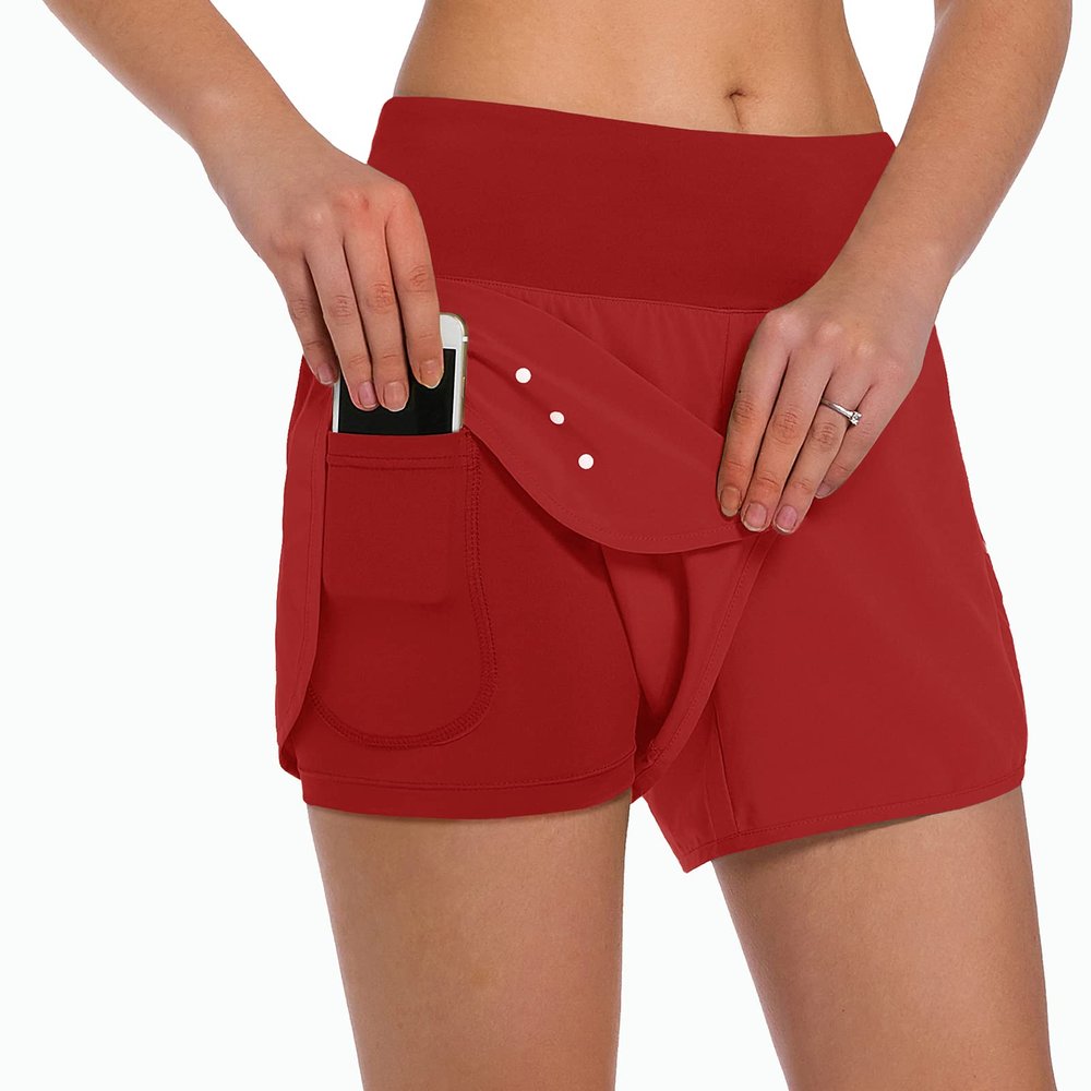 Ksmien Women's 2 in 1 Running Shorts - Lightweight Athletic Workout Gym Yoga Shorts Liner with Phone Pockets Red