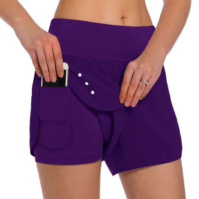 Ksmien Women's 2 in 1 Running Shorts - Lightweight Athletic Workout Gym Yoga Shorts Liner with Phone Pockets Purple